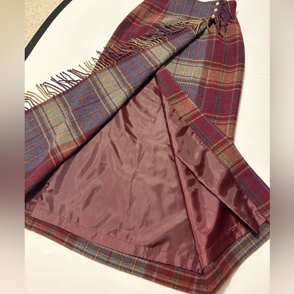 Vintage Ralph Lauren Plaid Wool Wrap Skirt Fringe Long Pencil Midi Equestrian S - Picture 9 of 12